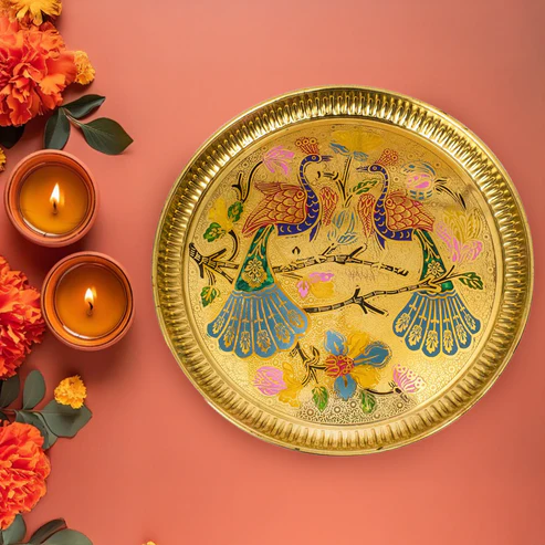 Brass Peacock Plate Size-10 (Pital Mor Design Thali Mayur Plate)